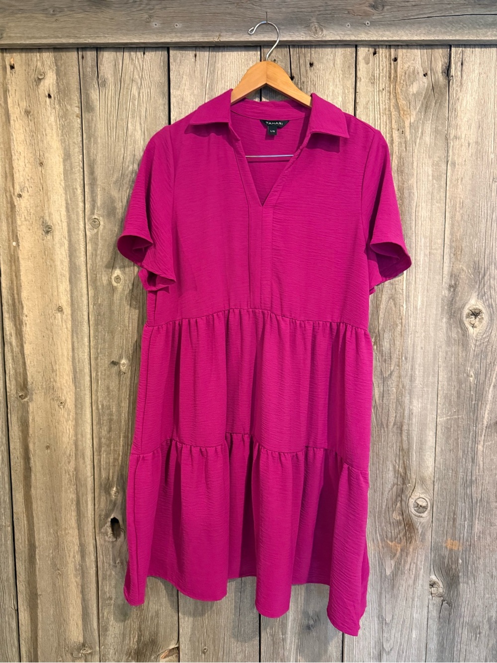 Tahari Magenta Tiered Short-Sleeve Shirt Dress - Picture 2 of 6